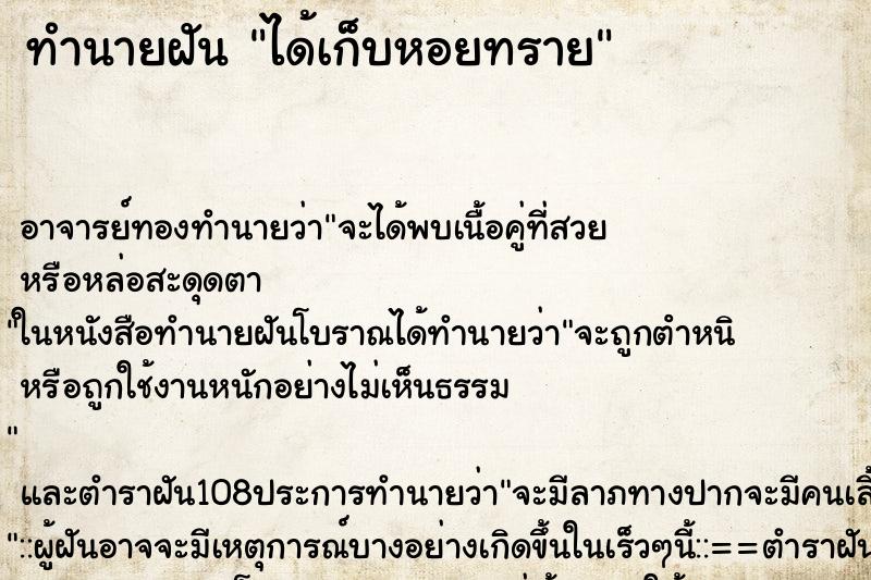 ทำนายฝัน ได้เก็บหอยทราย ตำราโบราณ แม่นที่สุดในโลก