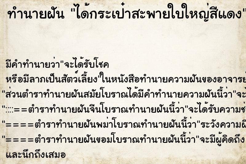 ทำนายฝัน ได้กระเป๋าสะพายใบใหญ่สีแดง ทำนายฝัน ได้กระเป๋าสะพายใบใหญ่สีแดง