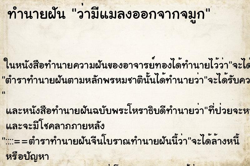 ทำนายฝัน ว่ามีแมลงออกจากจมูก ทำนายฝัน ว่ามีแมลงออกจากจมูก