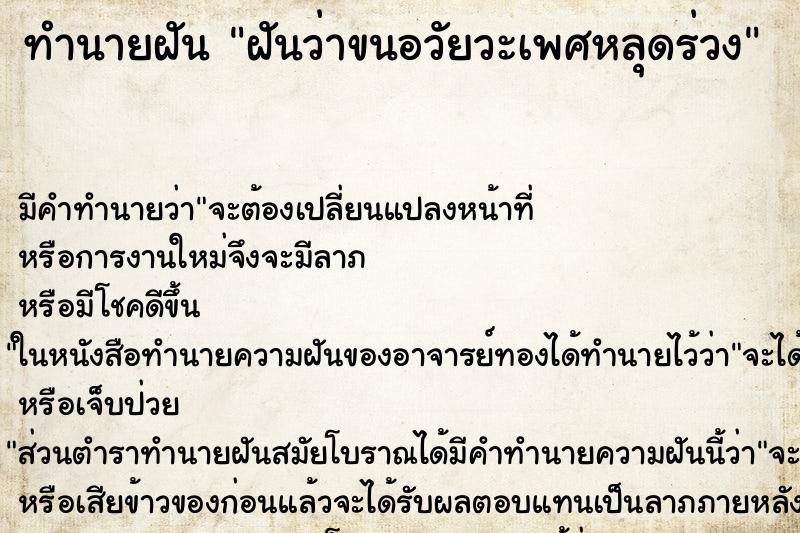 ทำนายฝัน ฝันว่าขนอวัยวะเพศหลุดร่วง ตำราโบราณ แม่นที่สุดในโลก