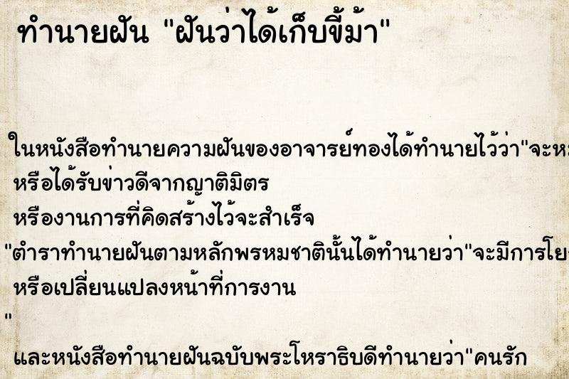 ทำนายฝันทำนายฝันฝันว่าได้เก็บขี้ม้า