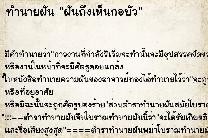 ทำนายฝันฝันถึงเห็นกอบัว ทำนายฝันทำนายฝันฝันถึงเห็นกอบัว