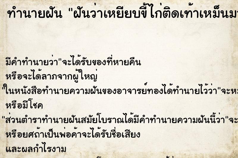 ทำนายฝัน ฝันว่าเหยียบขี้ไก่ติดเท้าเหม็นมาก ทำนายฝัน ฝันว่าเหยียบขี้ไก่ติดเท้าเหม็นมาก