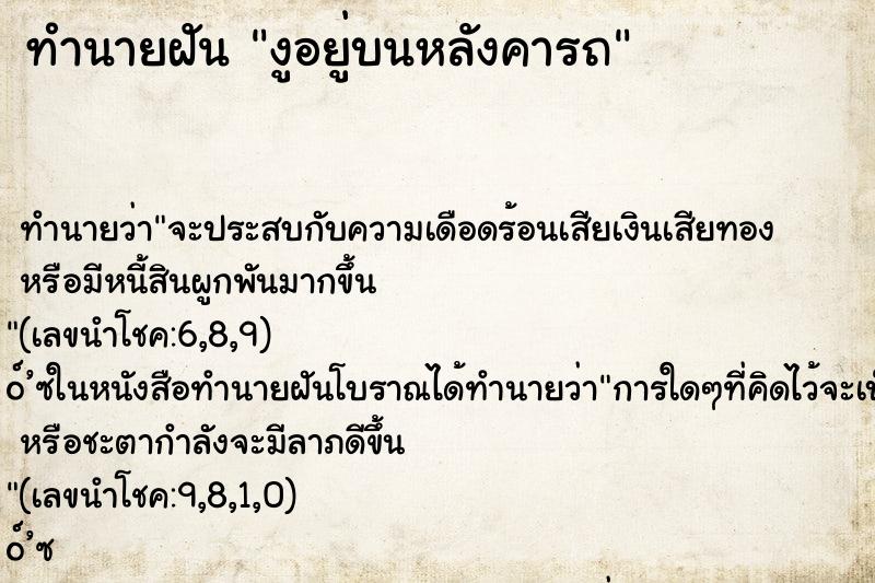 ทำนายฝัน งูอยู่บนหลังคารถ ทำนายฝัน งูอยู่บนหลังคารถ
