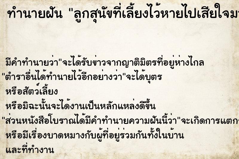 ทำนายฝันทำนายฝันลูกสุนัขที่เลี้ยงไว้หายไปเสียใจมาก