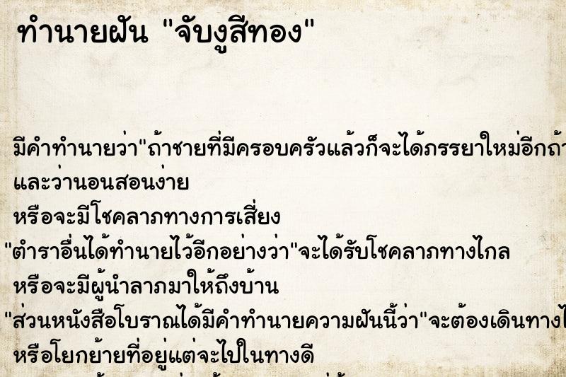 ทำนายฝัน จับงูสีทอง ทำนายฝัน จับงูสีทอง