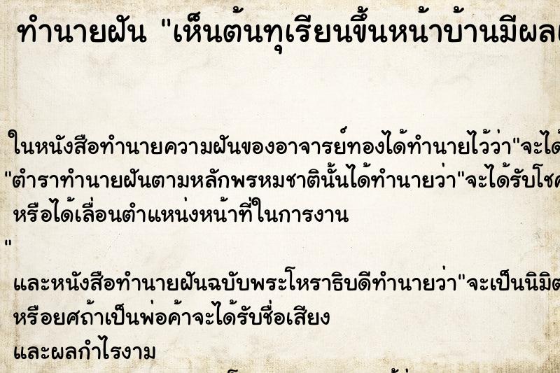 ทำนายฝันเห็นต้นทุเรียนขึ้นหน้าบ้านมีผลเต็มต้น ทำนายฝันทำนายฝันเห็นต้นทุเรียนขึ้นหน้าบ้านมีผลเต็มต้น