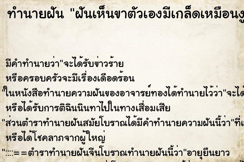ทำนายฝัน ฝันเห็นขาตัวเองมีเกล็ดเหมือนงู ทำนายฝัน ฝันเห็นขาตัวเองมีเกล็ดเหมือนงู
