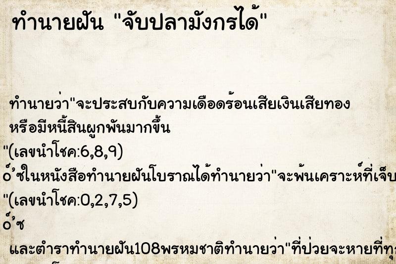 ทำนายฝันจับปลามังกรได้ ทำนายฝันทำนายฝันจับปลามังกรได้