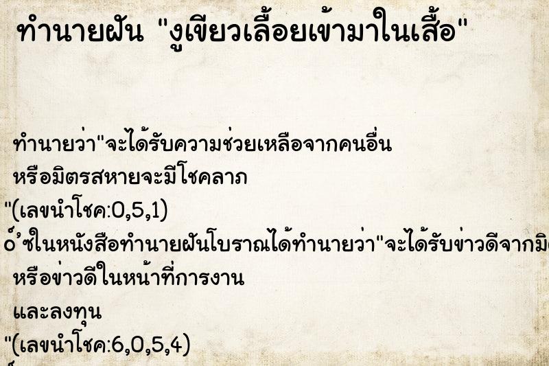 ทำนายฝัน งูเขียวเลื้อยเข้ามาในเสื้อ ทำนายฝัน งูเขียวเลื้อยเข้ามาในเสื้อ