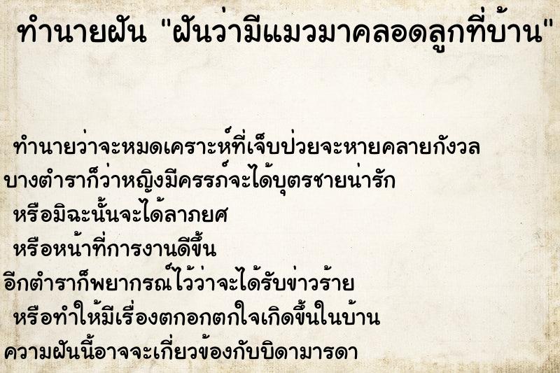 ทำนายฝันฝันว่ามีแมวมาคลอดลูกที่บ้าน ทำนายฝันทำนายฝันฝันว่ามีแมวมาคลอดลูกที่บ้าน