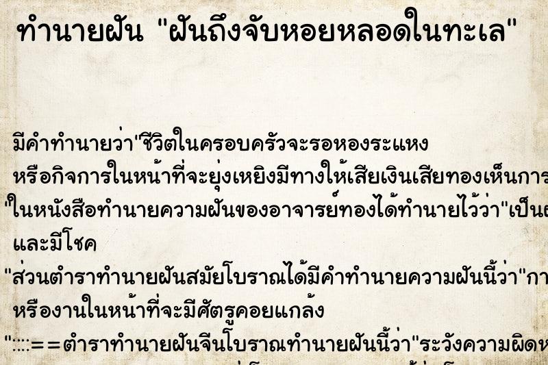 ทำนายฝัน ฝันถึงจับหอยหลอดในทะเล ทำนายฝัน ฝันถึงจับหอยหลอดในทะเล