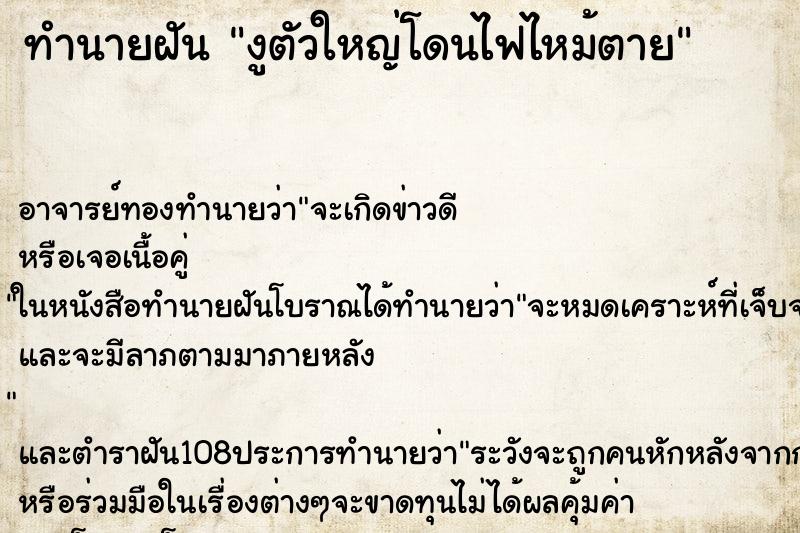 ทำนายฝัน งูตัวใหญ่โดนไฟไหม้ตาย ตำราโบราณ แม่นที่สุดในโลก