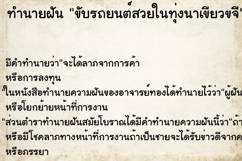 ทำนายฝัน ขับรถยนต์สวยในทุ่งนาเขียวขจี ทำนายฝัน ขับรถยนต์สวยในทุ่งนาเขียวขจี