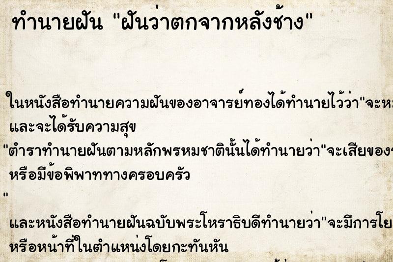 ทำนายฝันฝันว่าตกจากหลังช้าง ทำนายฝันทำนายฝันฝันว่าตกจากหลังช้าง