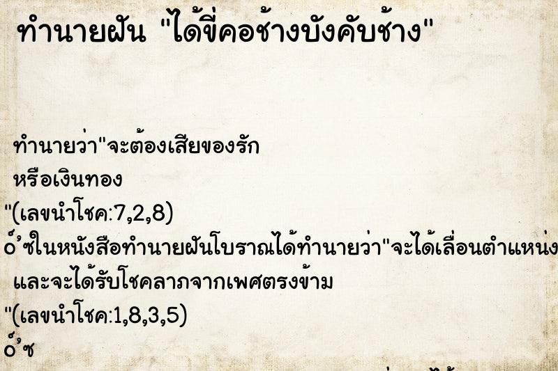 ทำนายฝันได้ขี่คอช้างบังคับช้าง ทำนายฝันทำนายฝันได้ขี่คอช้างบังคับช้าง
