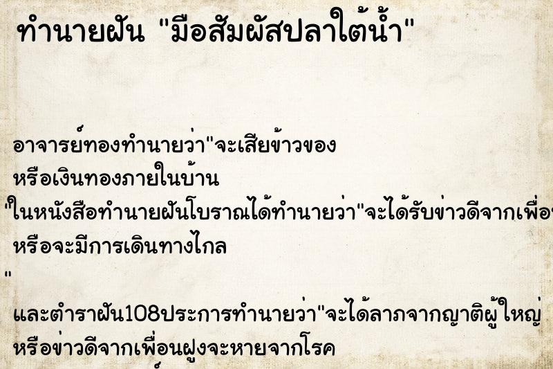 ทำนายฝันมือสัมผัสปลาใต้น้ำ ทำนายฝันทำนายฝันมือสัมผัสปลาใต้น้ำ
