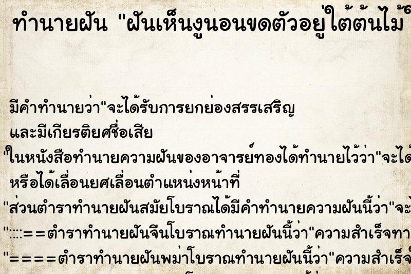 ทำนายฝัน ฝันเห็นงูนอนขดตัวอยู่ใต้ต้นไม้ใหญ่ ทำนายฝัน ฝันเห็นงูนอนขดตัวอยู่ใต้ต้นไม้ใหญ่