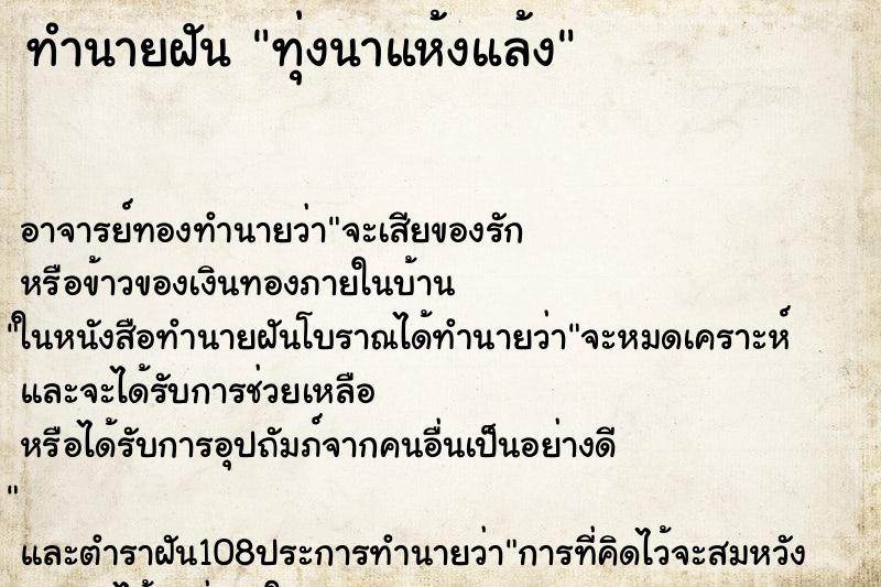ทำนายฝัน ทุ่งนาแห้งแล้ง ทำนายฝัน ทุ่งนาแห้งแล้ง