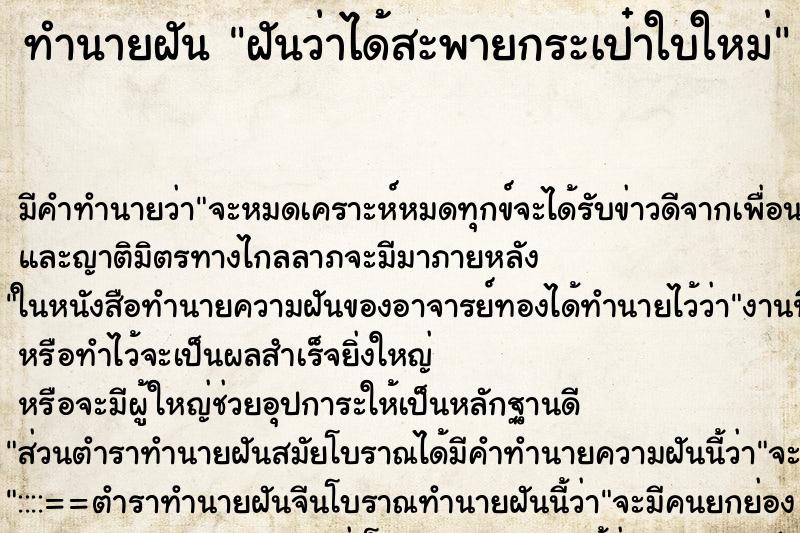 ทำนายฝัน ฝันว่าได้สะพายกระเป๋าใบใหม่ ตำราโบราณ แม่นที่สุดในโลก