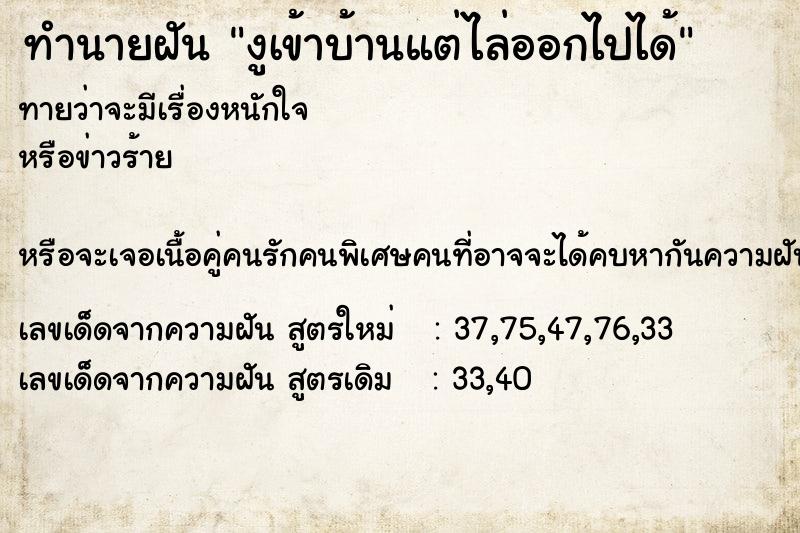 ทำนายฝันทำนายฝันงูเข้าบ้านแต่ไล่ออกไปได้