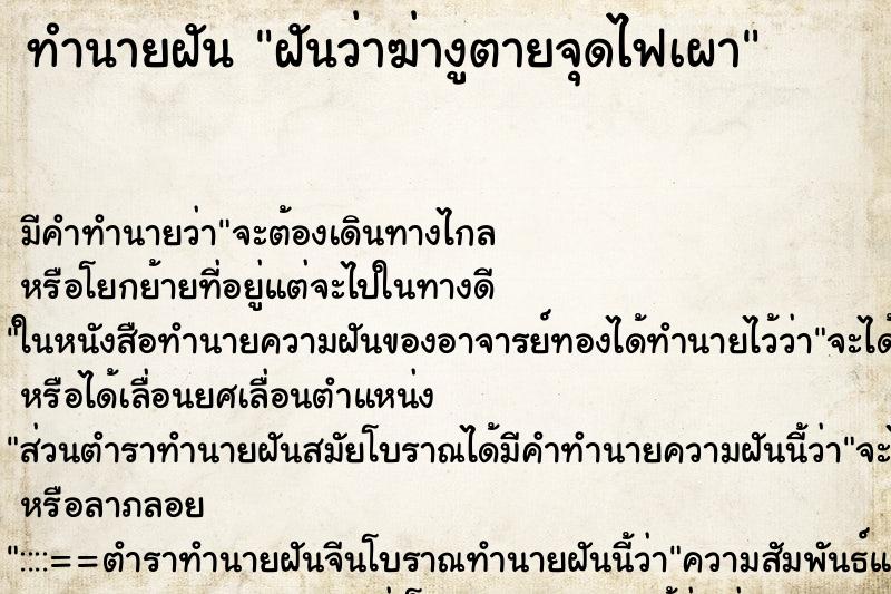 ทำนายฝัน ฝันว่าฆ่างูตายจุดไฟเผา ทำนายฝัน ฝันว่าฆ่างูตายจุดไฟเผา