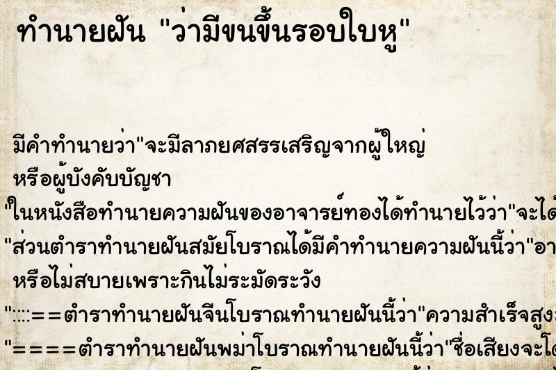 ทำนายฝัน ว่ามีขนขึ้นรอบใบหู ทำนายฝัน ว่ามีขนขึ้นรอบใบหู