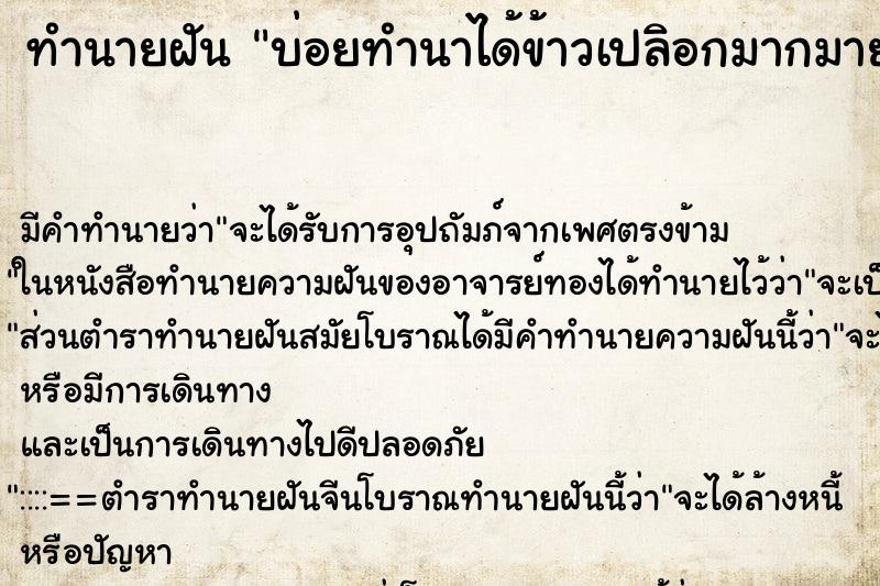 ทำนายฝันบ่อยทำนาได้ข้าวเปลิอกมากมาย ทำนายฝันทำนายฝันบ่อยทำนาได้ข้าวเปลิอกมากมาย