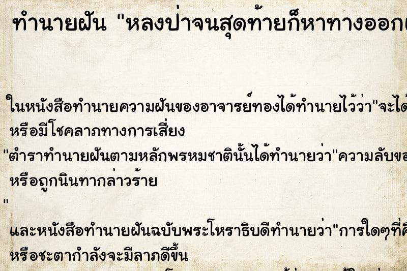 ทำนายฝัน หลงป่าจนสุดท้ายก็หาทางออกเจอ ทำนายฝัน หลงป่าจนสุดท้ายก็หาทางออกเจอ