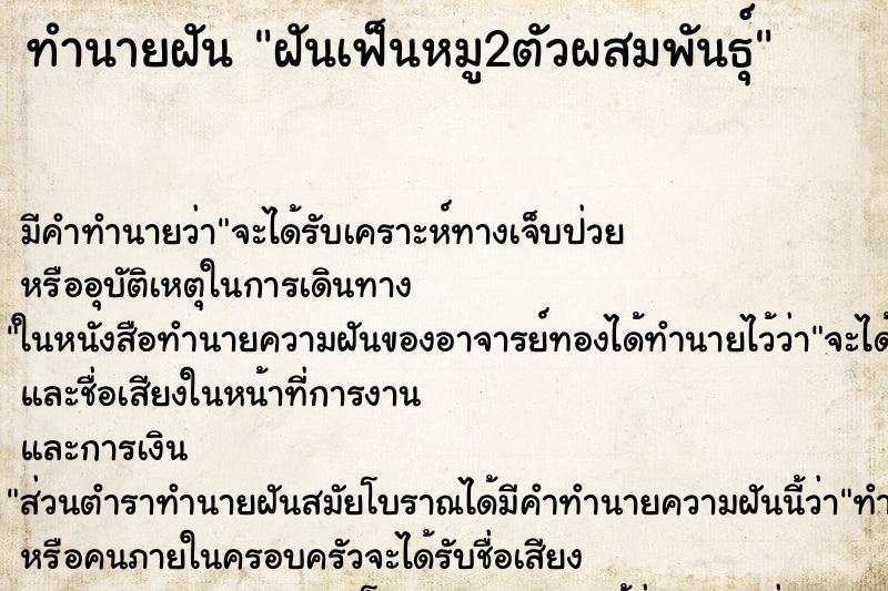 ทำนายฝัน ฝันเฟ็นหมู2ตัวผสมพันธุ์ ทำนายฝัน ฝันเฟ็นหมู2ตัวผสมพันธุ์