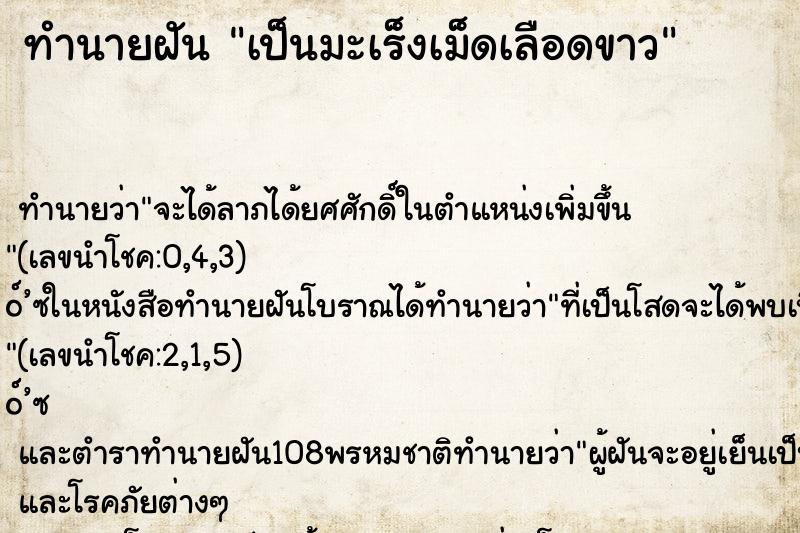 ทำนายฝัน เป็นมะเร็งเม็ดเลือดขาว ทำนายฝัน เป็นมะเร็งเม็ดเลือดขาว