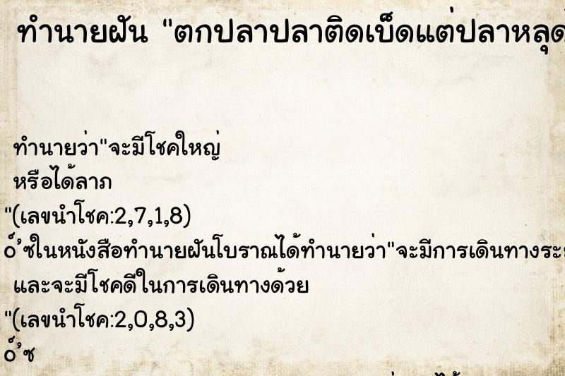 ทำนายฝันตกปลาปลาติดเบ็ดแต่ปลาหลุดไป ทำนายฝันทำนายฝันตกปลาปลาติดเบ็ดแต่ปลาหลุดไป