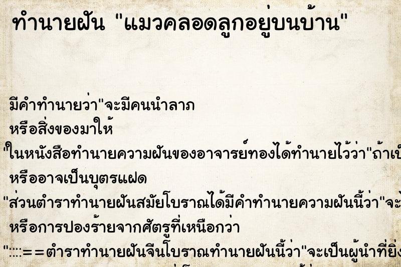 ทำนายฝันแมวคลอดลูกอยู่บนบ้าน ทำนายฝันทำนายฝันแมวคลอดลูกอยู่บนบ้าน