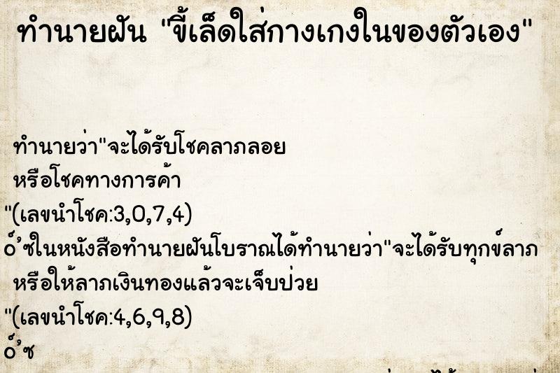 ทำนายฝัน ขี้เล็ดใส่กางเกงในของตัวเอง ทำนายฝัน ขี้เล็ดใส่กางเกงในของตัวเอง