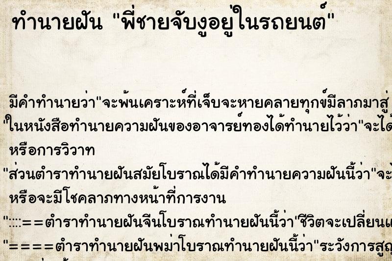 ทำนายฝันพี่ชายจับงูอยู่ในรถยนต์ ทำนายฝันทำนายฝันพี่ชายจับงูอยู่ในรถยนต์