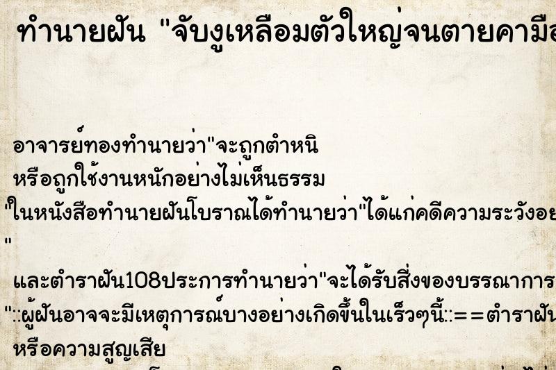 ทำนายฝันจับงูเหลือมตัวใหญ่จนตายคามือ ทำนายฝันทำนายฝันจับงูเหลือมตัวใหญ่จนตายคามือ