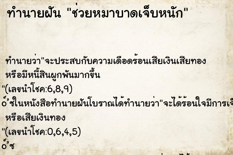 ทำนายฝัน ช่วยหมาบาดเจ็บหนัก ตำราโบราณ แม่นที่สุดในโลก