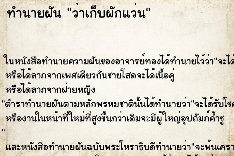ทำนายฝัน ว่าเก็บผักแว่น ทำนายฝัน ว่าเก็บผักแว่น