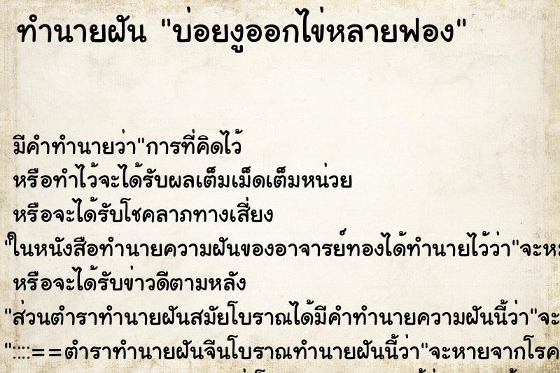 ทำนายฝันบ่อยงูออกไข่หลายฟอง ทำนายฝันทำนายฝันบ่อยงูออกไข่หลายฟอง