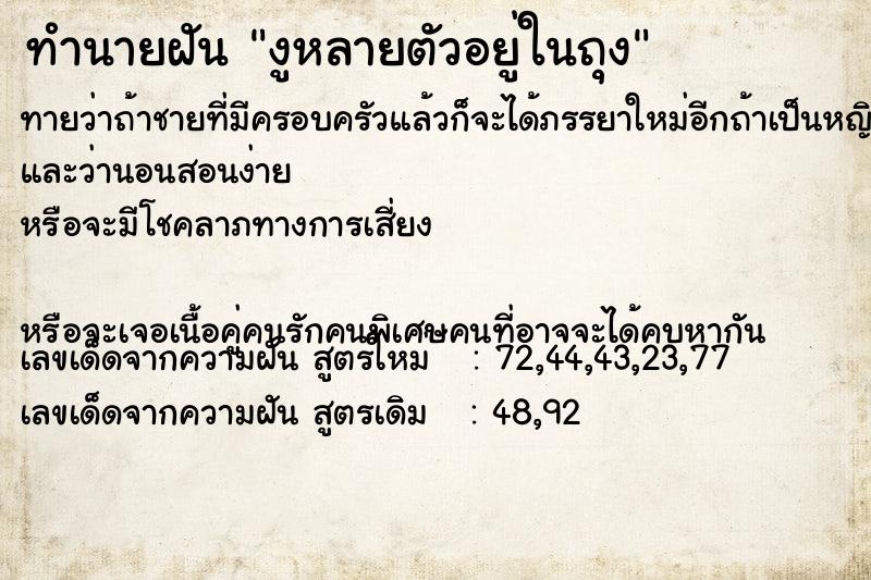 ทำนายฝัน งูหลายตัวอยู่ในถุง ทำนายฝัน งูหลายตัวอยู่ในถุง