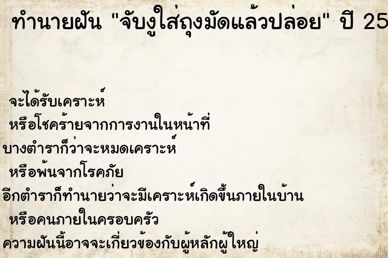 ทำนายฝันจับงูใส่ถุงมัดแล้วปล่อย ทำนายฝันทำนายฝันจับงูใส่ถุงมัดแล้วปล่อย