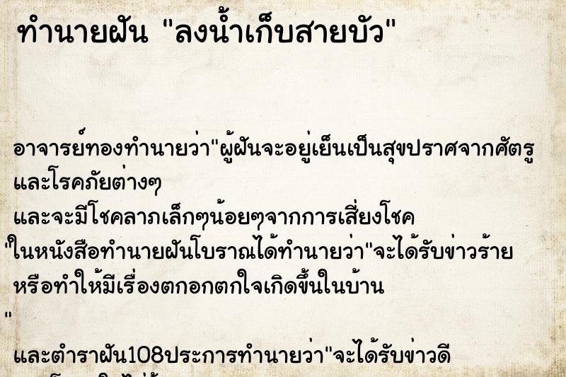 ทำนายฝัน ลงน้ำเก็บสายบัว ตำราโบราณ แม่นที่สุดในโลก