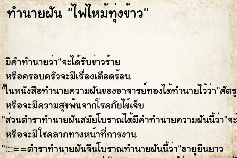 ทำนายฝันไฟไหม้ทุ่งข้าว ทำนายฝันทำนายฝันไฟไหม้ทุ่งข้าว
