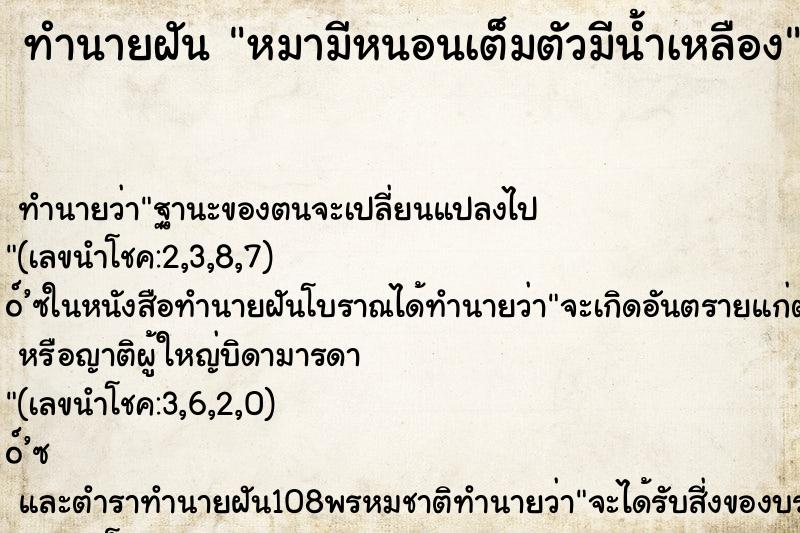 ทำนายฝันทำนายฝันหมามีหนอนเต็มตัวมีน้ำเหลือง