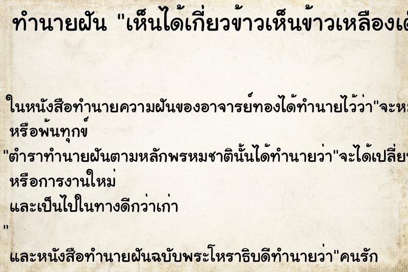 ทำนายฝัน เห็นได้เกี่ยวข้าวเห็นข้าวเหลืองเต็มทุ่งนา ทำนายฝัน เห็นได้เกี่ยวข้าวเห็นข้าวเหลืองเต็มทุ่งนา