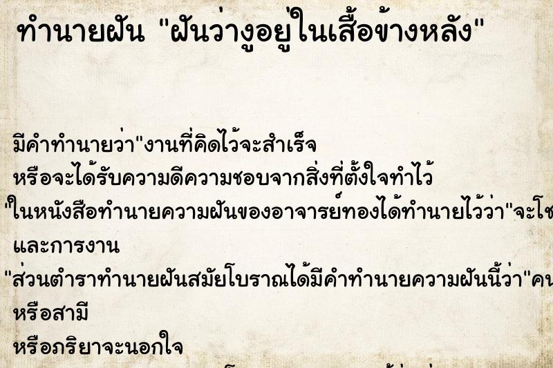 ทำนายฝันฝันว่างูอยู่ในเสื้อข้างหลัง ทำนายฝันทำนายฝันฝันว่างูอยู่ในเสื้อข้างหลัง