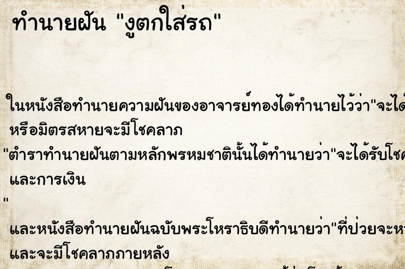 ทำนายฝัน งูตกใส่รถ ทำนายฝัน งูตกใส่รถ