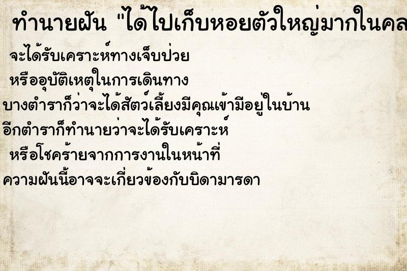 ทำนายฝันได้ไปเก็บหอยตัวใหญ่มากในคลองน้ำ ทำนายฝันทำนายฝันได้ไปเก็บหอยตัวใหญ่มากในคลองน้ำ