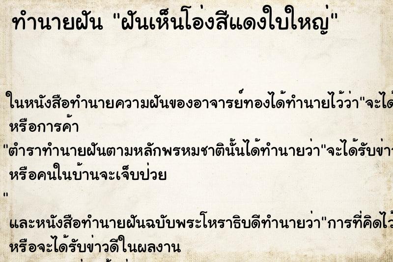 ทำนายฝันทำนายฝันฝันเห็นโอ่งสีแดงใบใหญ่
