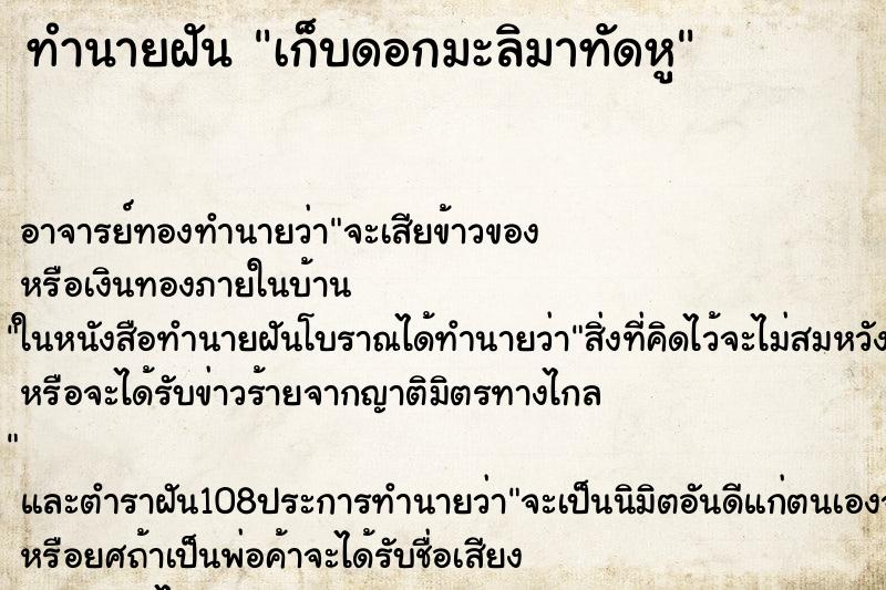 ทำนายฝัน เก็บดอกมะลิมาทัดหู ทำนายฝัน เก็บดอกมะลิมาทัดหู